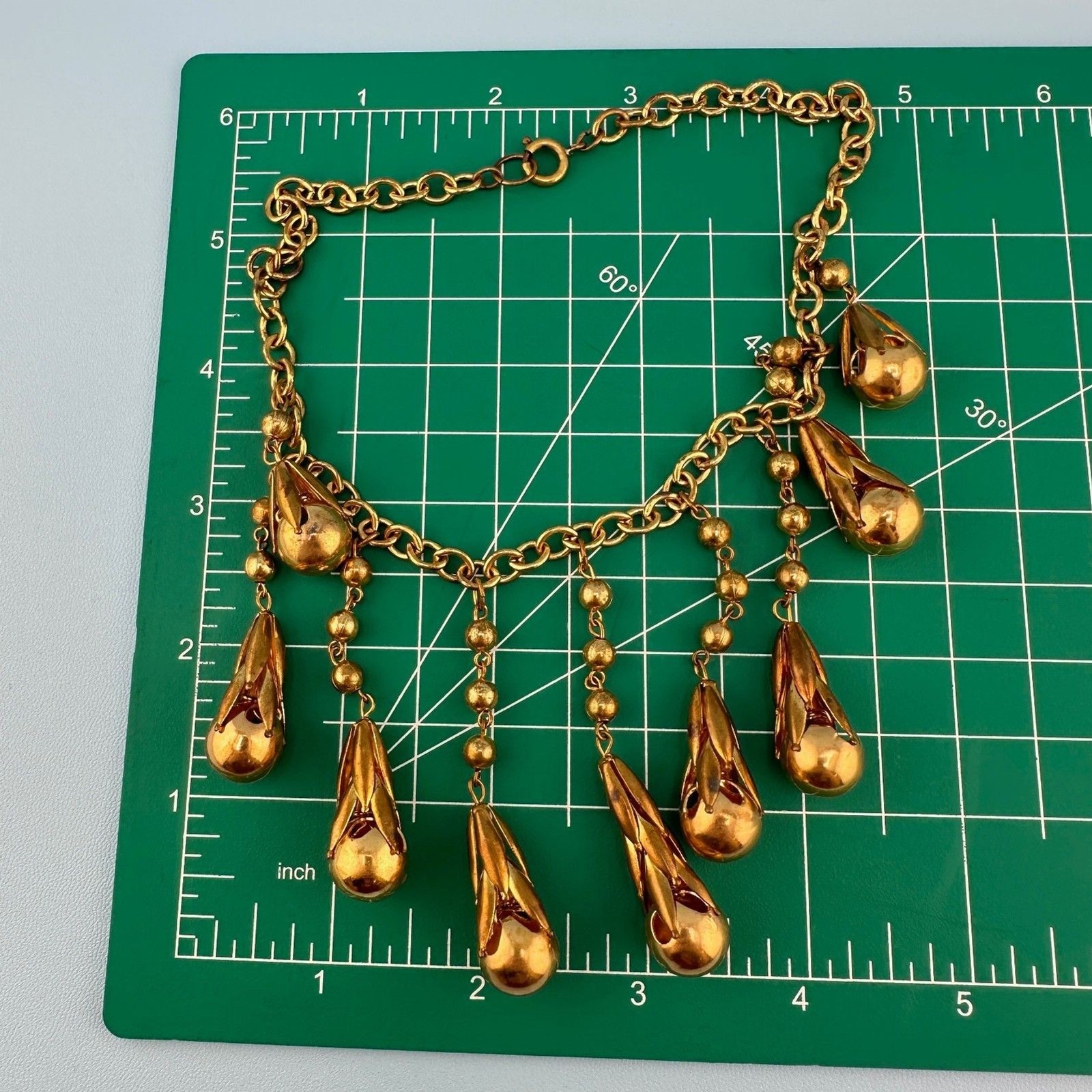Vintage Art Deco Necklace Fringe Chain Gold Tone Etruscan Revival Statement