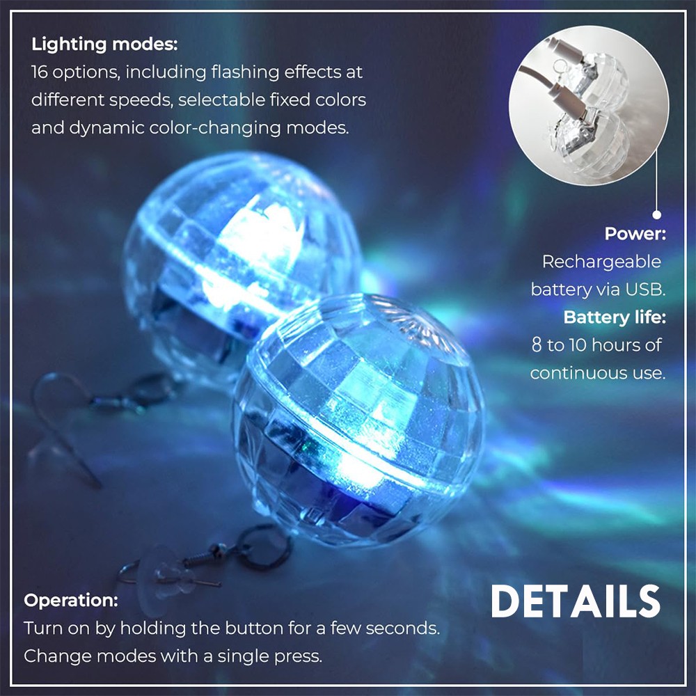 Disco Ball Earrings USB Rechargeable LED with 16 Light Modes for Party Gifts