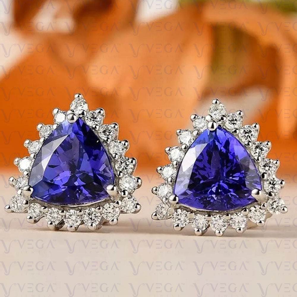 5Ct Trillion Natural Tanzanite & Diamond Stud Pair Earring 18k White Gold Plated