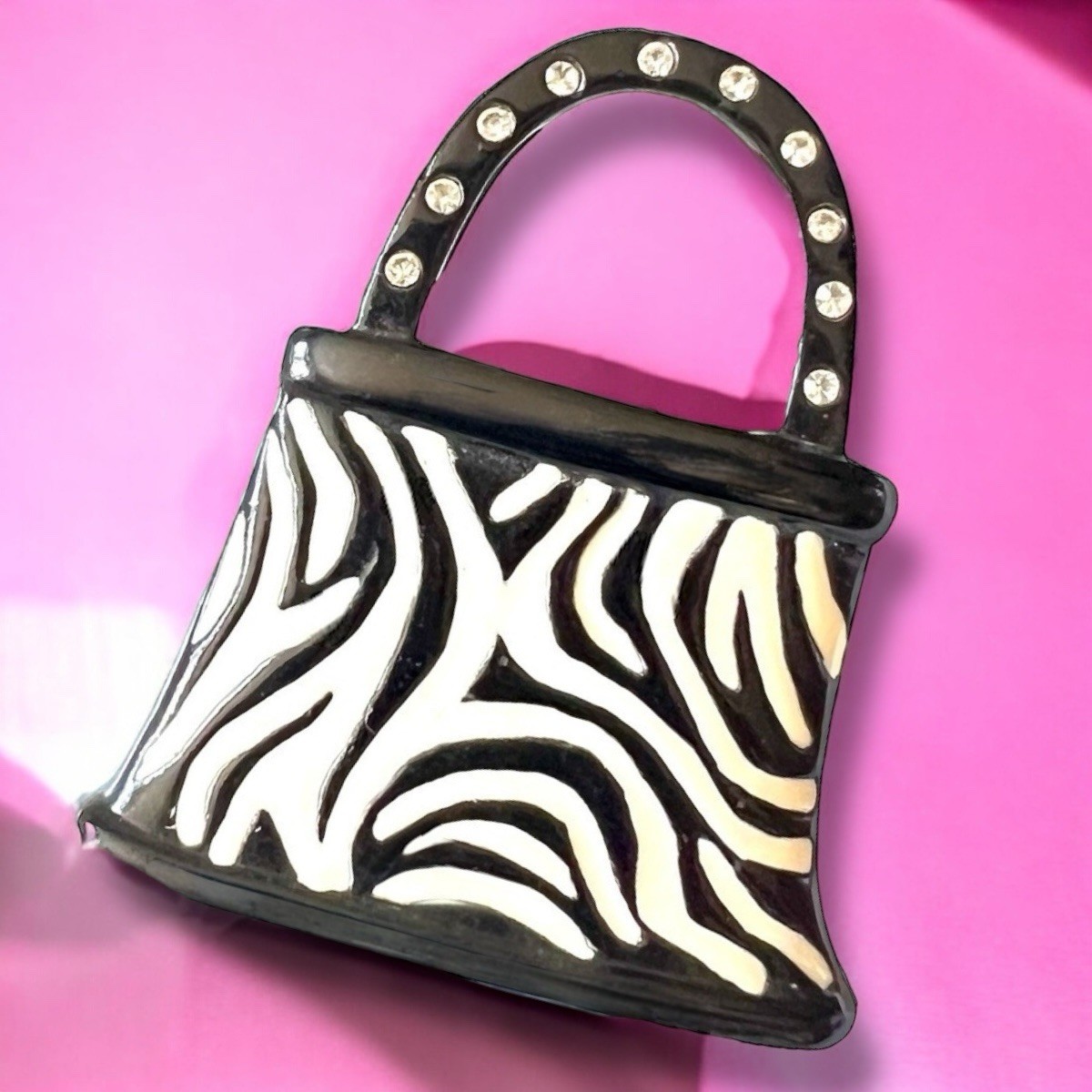 Y2K Zebra Purse Brooch Rhinestone Bag Pin AJMC Statement Animal Print Vintage
