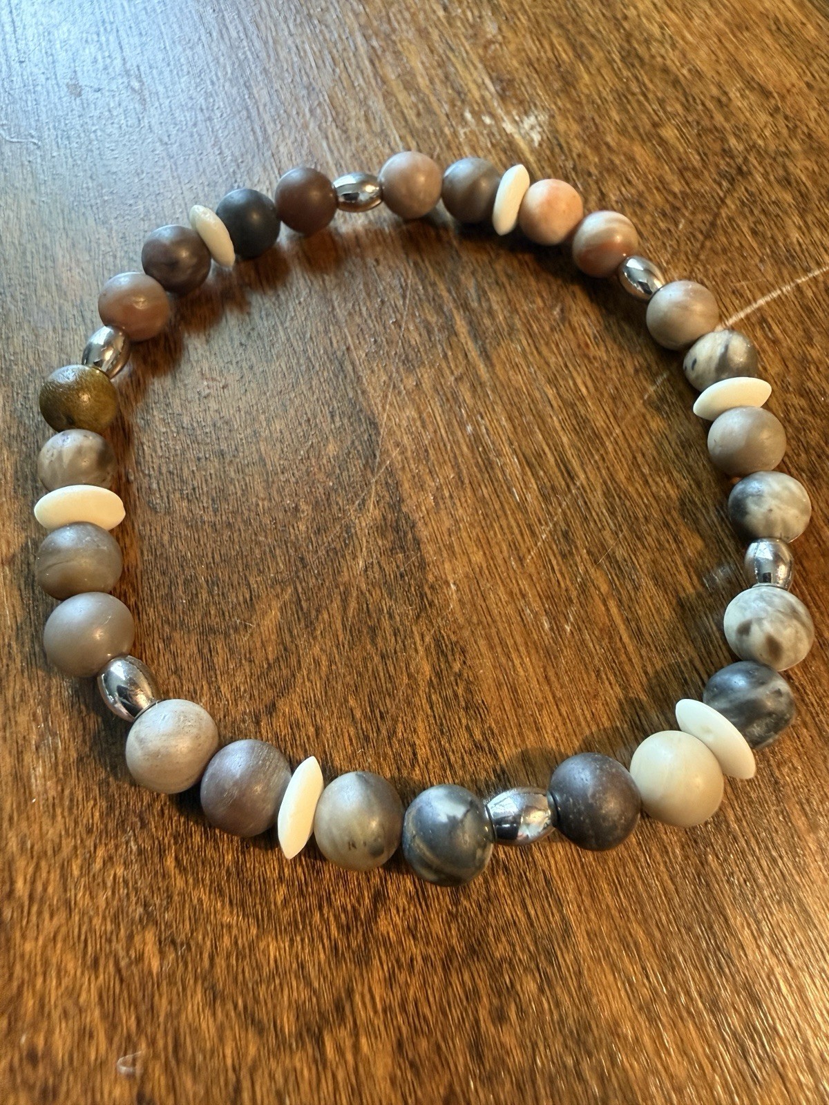 Ocean Brown Gray White Stone Round Bead Stretch Bracelet White Spacers Stackable