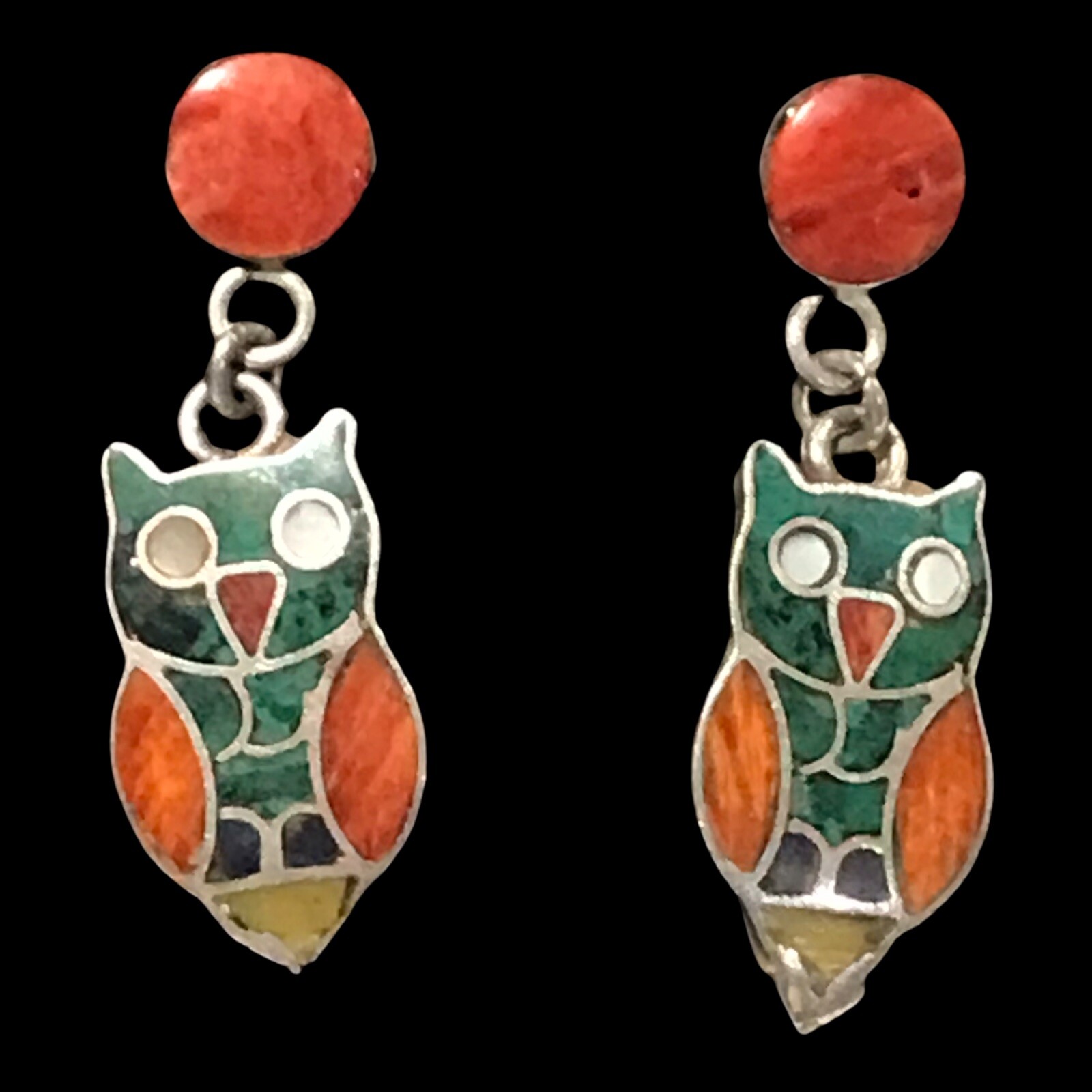 sterling silver 950 Inlay owel dangle earrings