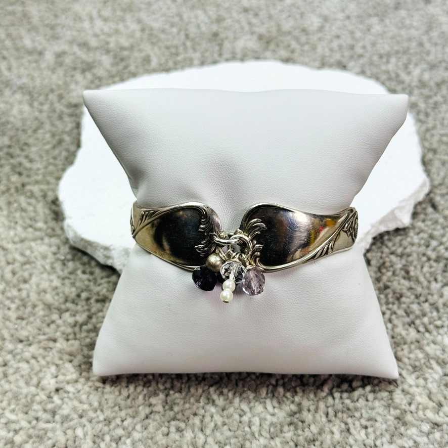 Vtg Silverware Double Handle Bangle Bracelet Silverplate Purple Clear & Pearls