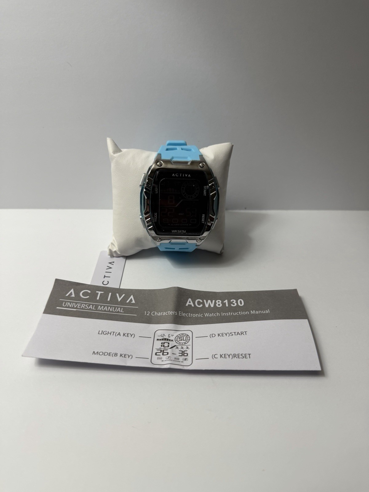 Activa ACW8130 Digital Quartz Sport Square Alarm Chrono Blue Silicone WR30m Box