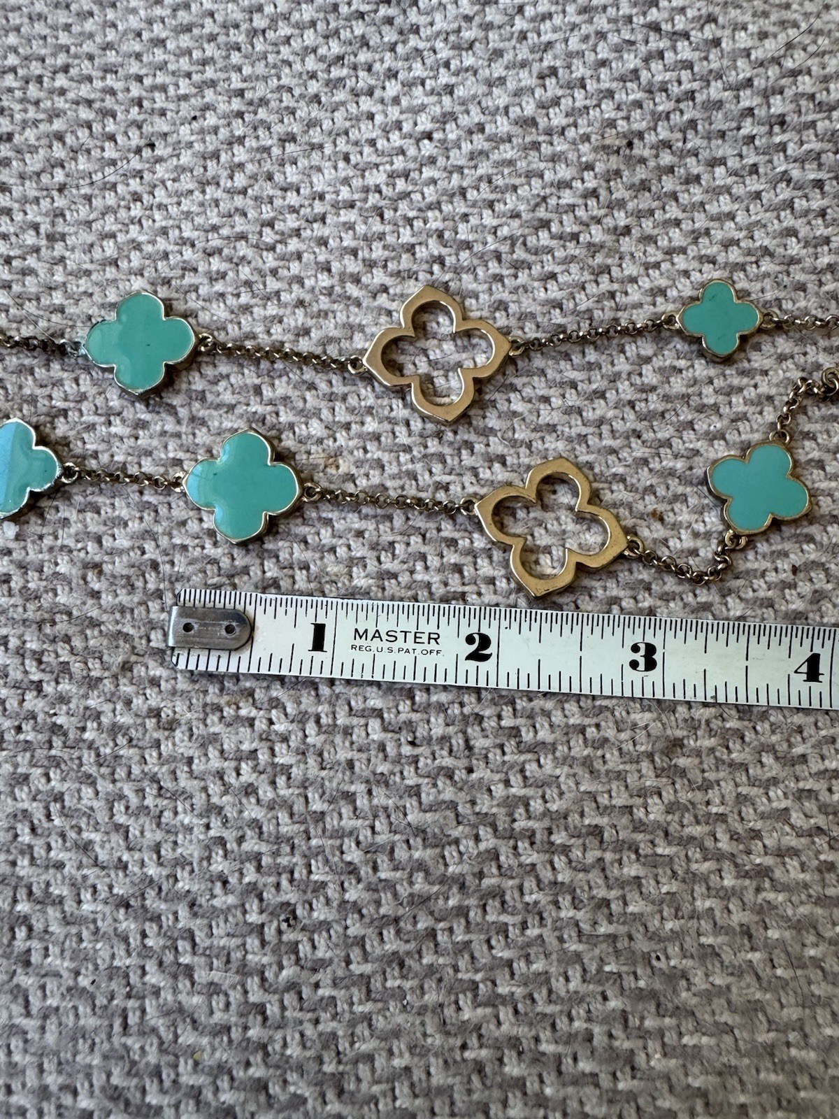 Vintage Gold Tone Metal and Turquoise Enamel Clover Leaf Shaped 38” Necklace