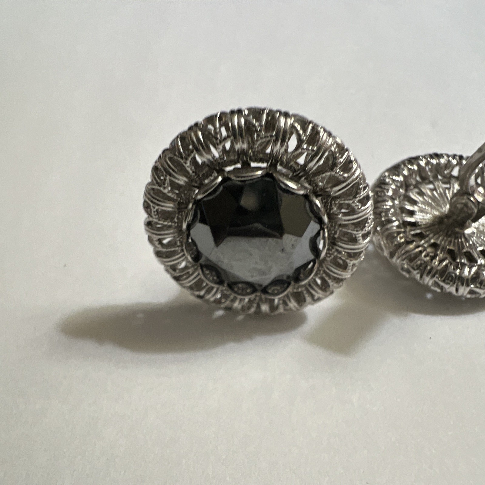 Silver Tone Round Hematite Black Stone Cufflinks for Men, Metal & Stone