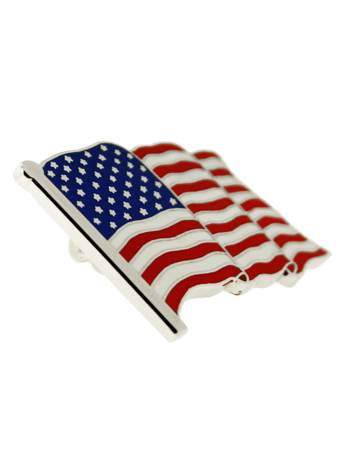 PinMart’s Made in USA Waving American Flag Enamel Lapel Pin – Silver