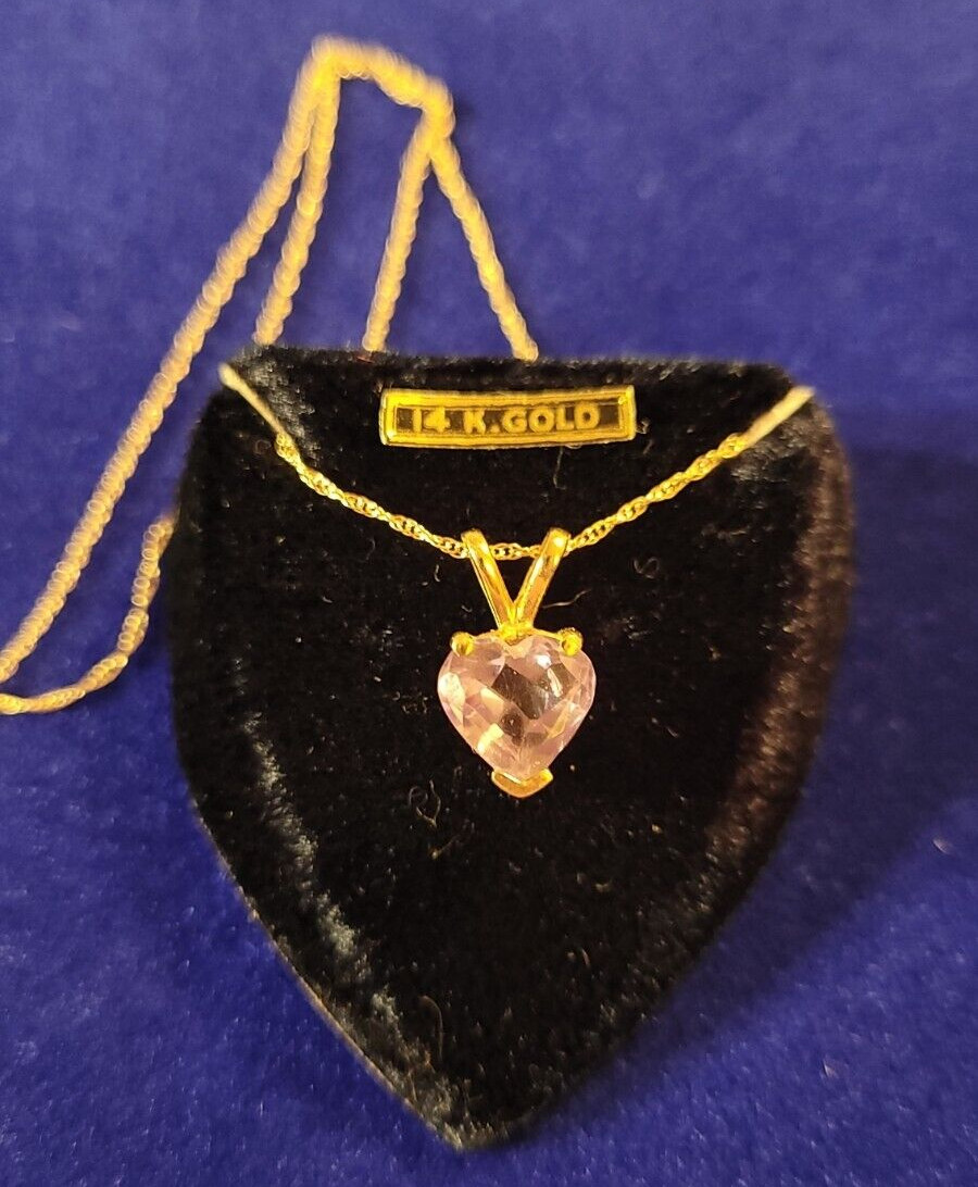 14k Yellow Gold Heart Shaped AMETHYST Pendant w 18″ Rope Chain 2 Cts 1.81 grams