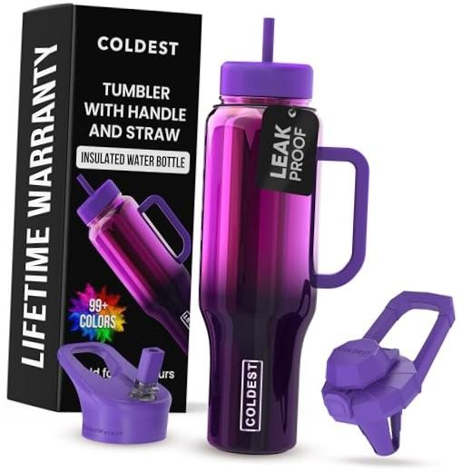 Coldest Tumbler with Handle and Straw – 100% Spill Proof 46 oz Purple Nova