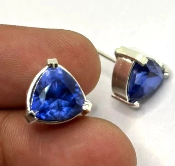 10 Ct Natural Blue Sapphire Stud Earrings Trillion Cut loose Gemstone 925 Silver
