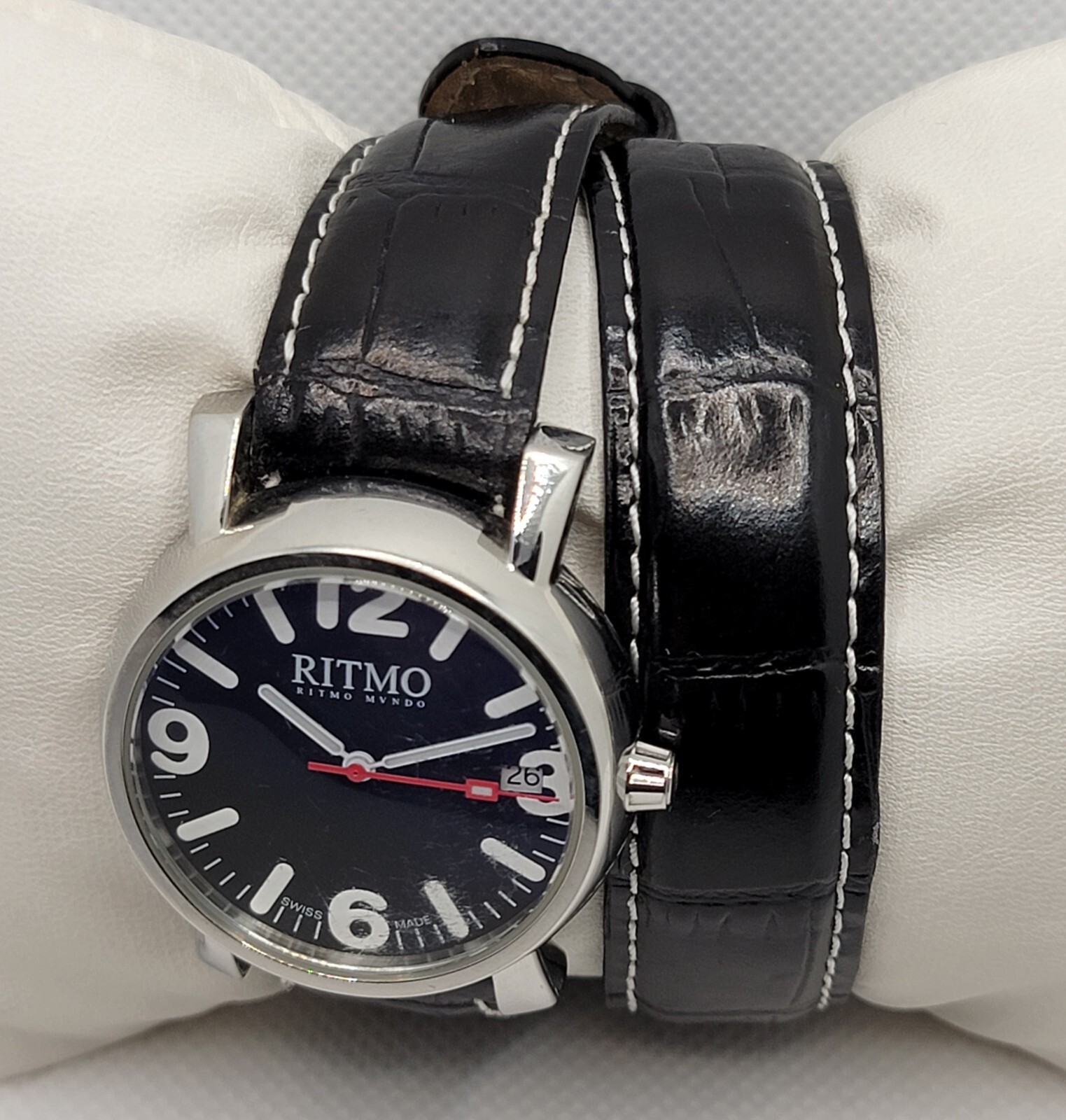 Ritmo Mvndo Silver Tone Vera Pelle Black Leather Wrap Around Strap Watch G5