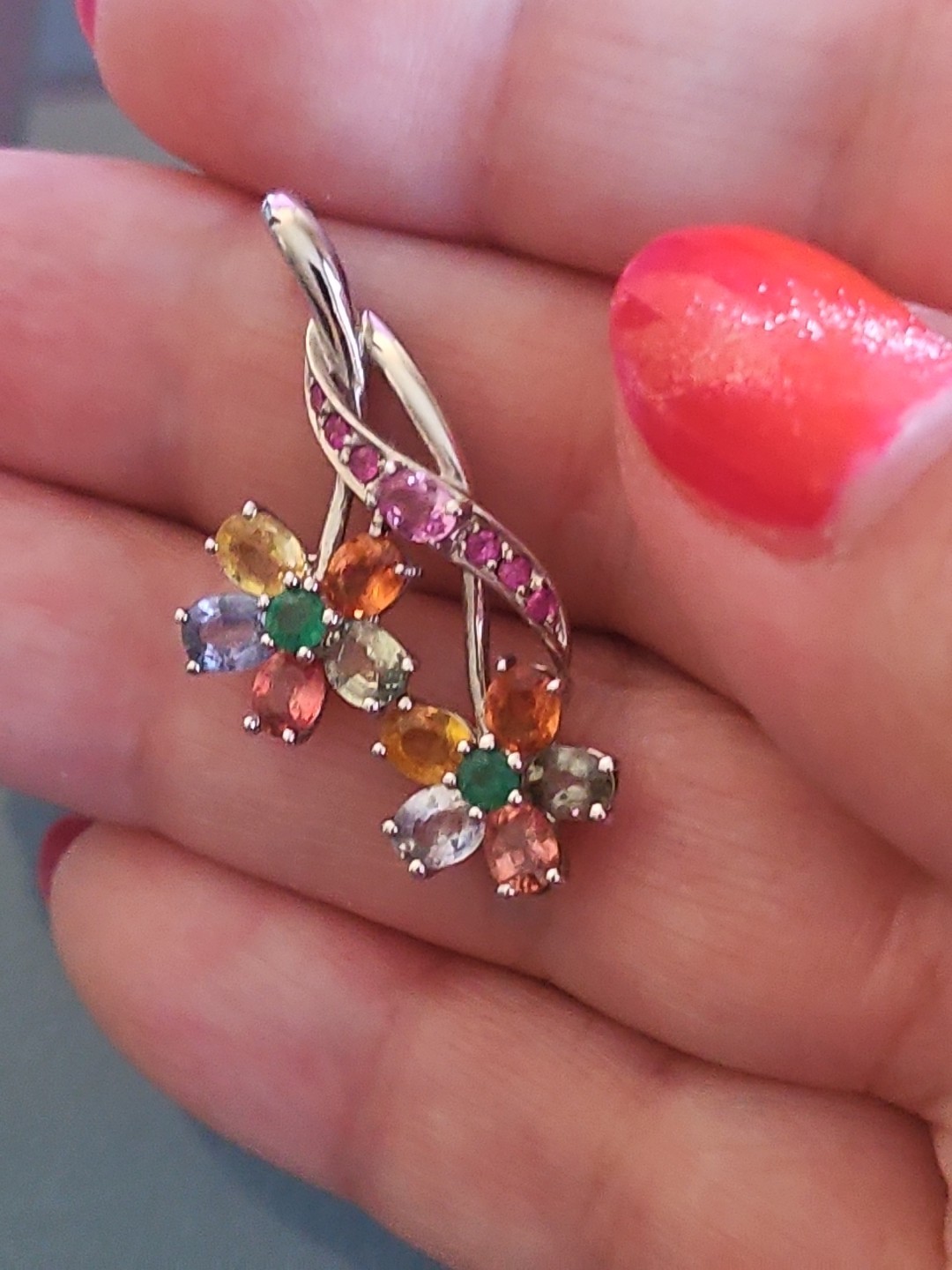 TCG DE BUMAN 10k White Gold Multi-Gemstone FLORAL Pendant NWOT