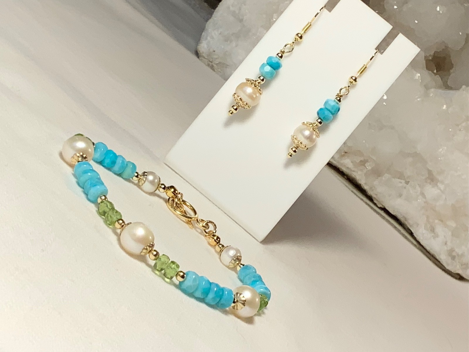 14k GOLD FILLED BLUE PERUVIAN OPAL PEARL PERIDOT BRACELET & EARRINGS SET