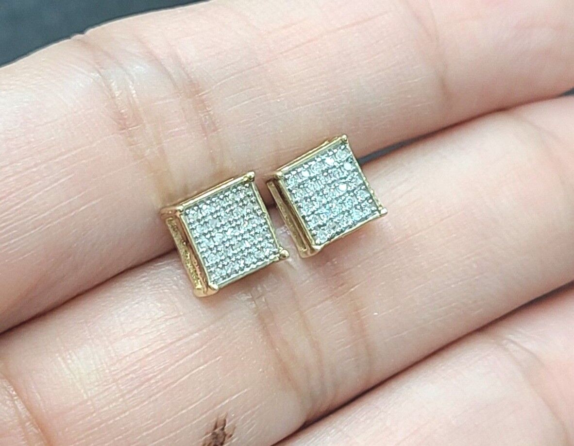 DEAL!10K Gold Genuine Natural Pave Diamonds Square Kite Earrings 0.15ct 7.10MM