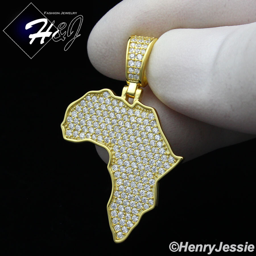 MEN 925 STERLING SILVER ICY BLING CZ GOLD PLATED 3D AFRICA MAP PENDANT*GP351