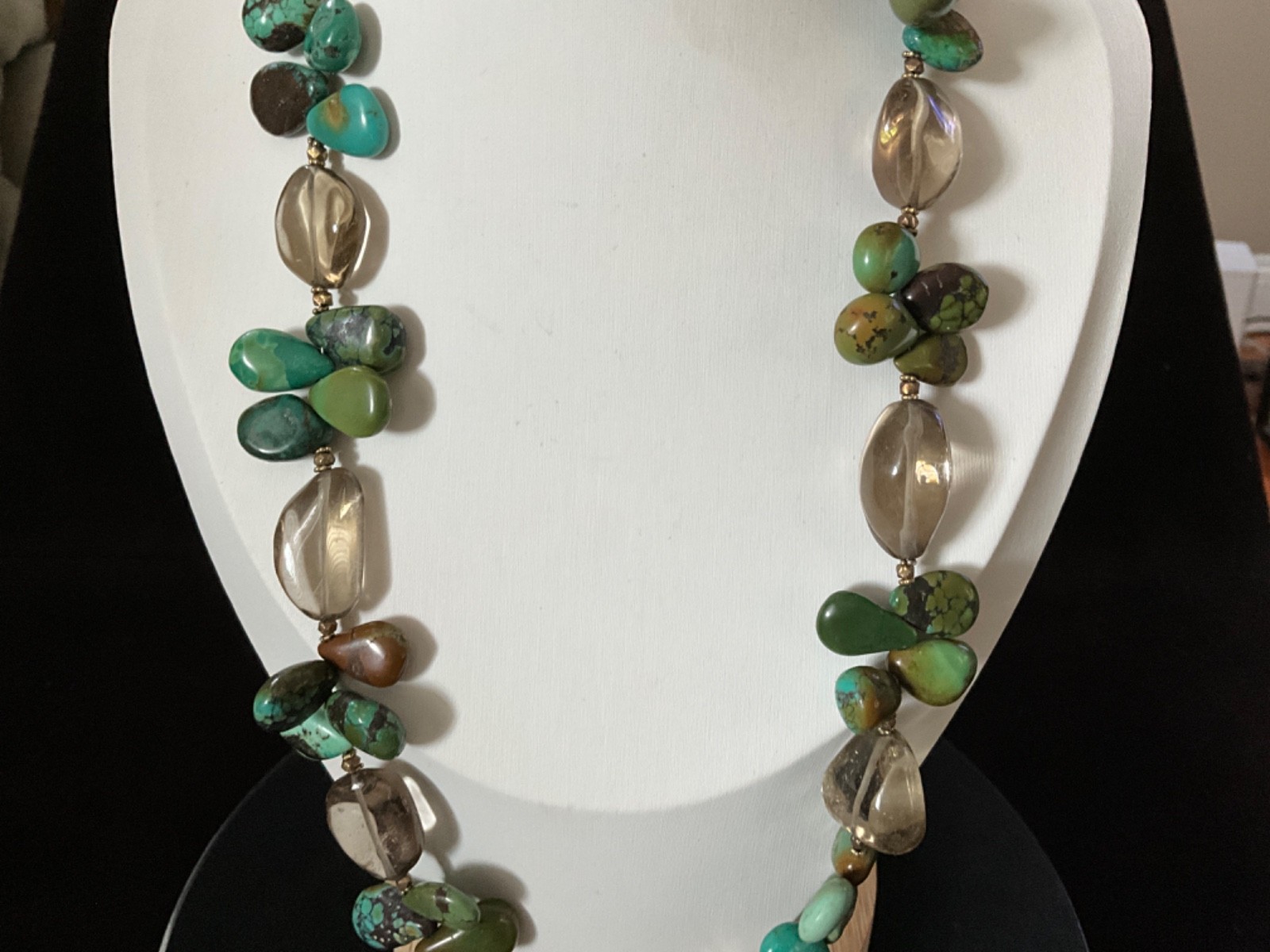 Chunky Green Blue Brown Turquoise Necklace 20″ & Smokey Spinel