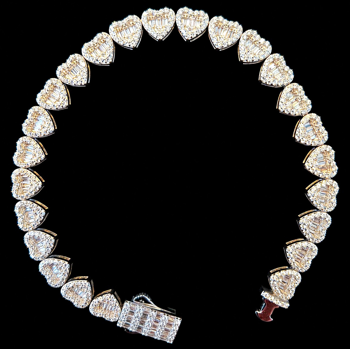 925 Sterling Silver Heart Tennis Bracelet Baguette Round CZ 6.4mm 13.5g
