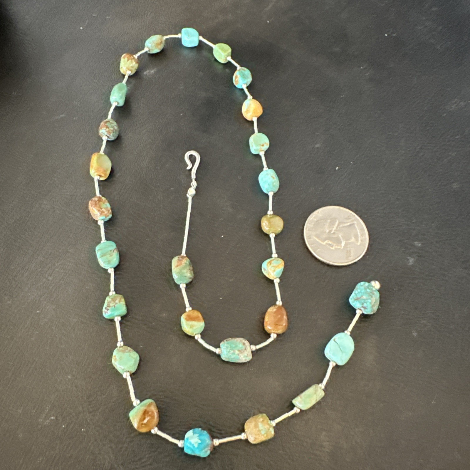 Green Turquoise Liquid Heishi Sterling Silver Nugget 20″ Necklace 19046