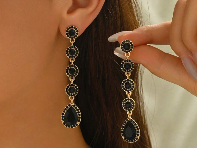 Black Clip On Earrings Retro Etruscan Revival Cabochons Gold Bow Beads