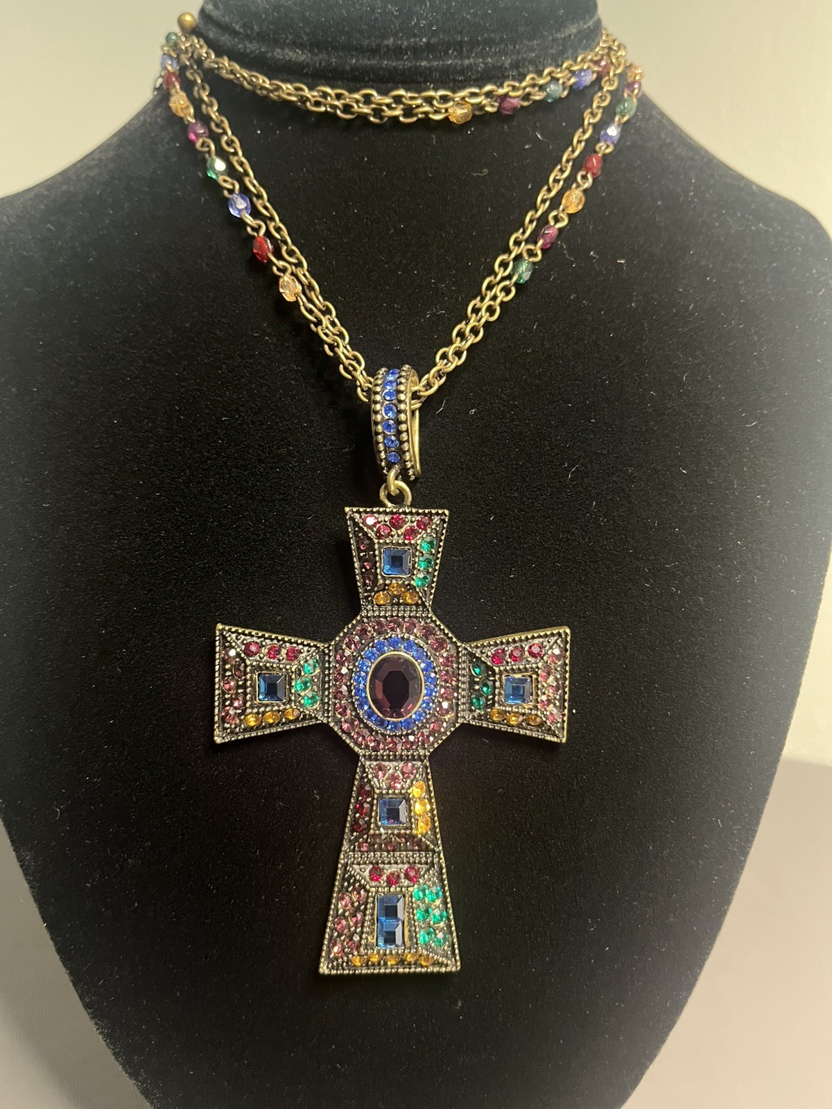 Vintage Maltese Cross Necklace Red Rhinestone Festoon Victorian Gothic 12”