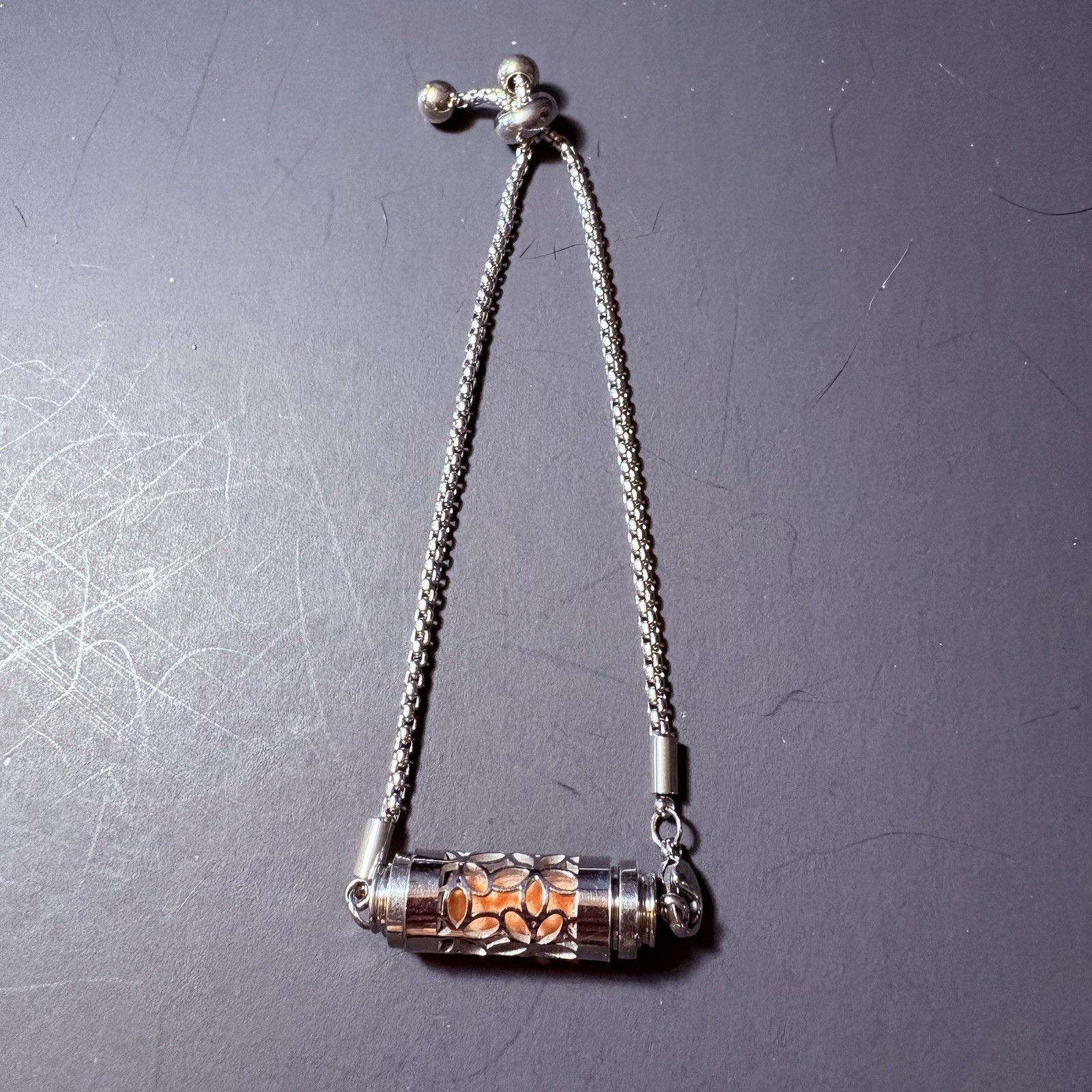 Silver Tone Adjustable Slider Bracelet Cutout Cylinder Orange Stone Accent Boho