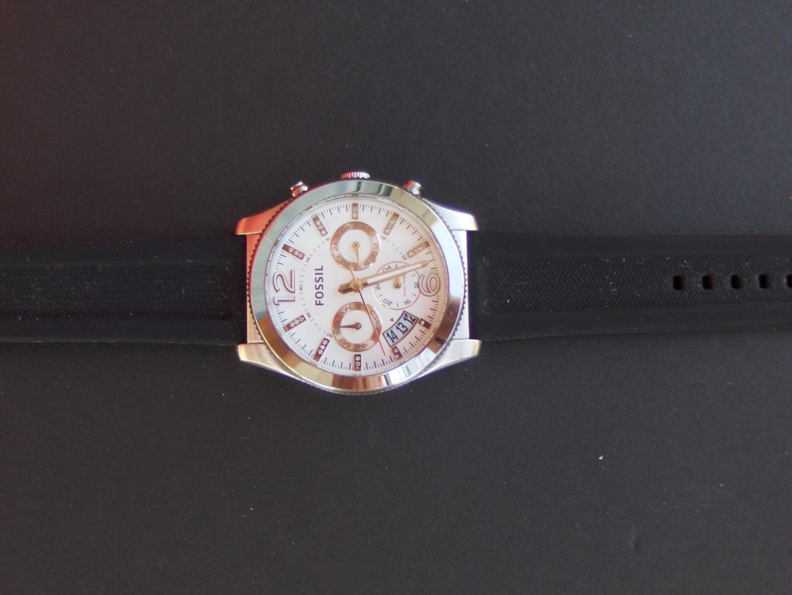 FOSSIL ES 4250 BOYFRIEND 3 EYE CHRONOGRAPH SWAROVSKI CRYSTAL MARKERS DATE WINDOW