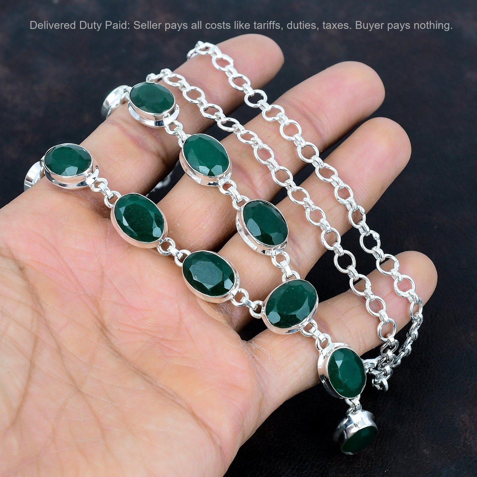 Christmas Sale 925 Silver Zambian Emrald Gemstone Wedding Chain Bezel Necklace