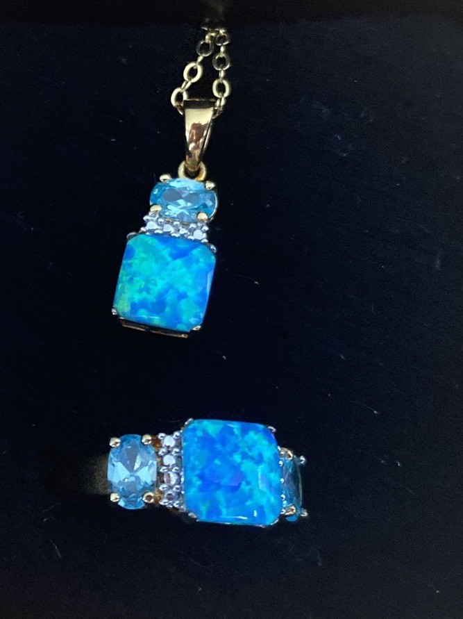 New TECHNIBOND Blue Lab Opal Topaz White CZ Necklace Ring Set HSN Lot