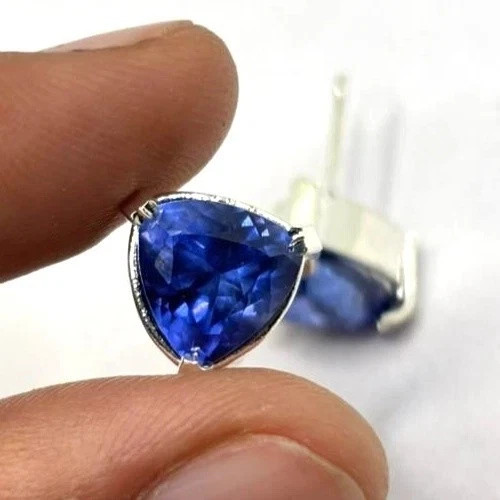 10 Ct Natural Blue Sapphire Stud Earrings Trillion Cut loose Gemstone 925 Silver