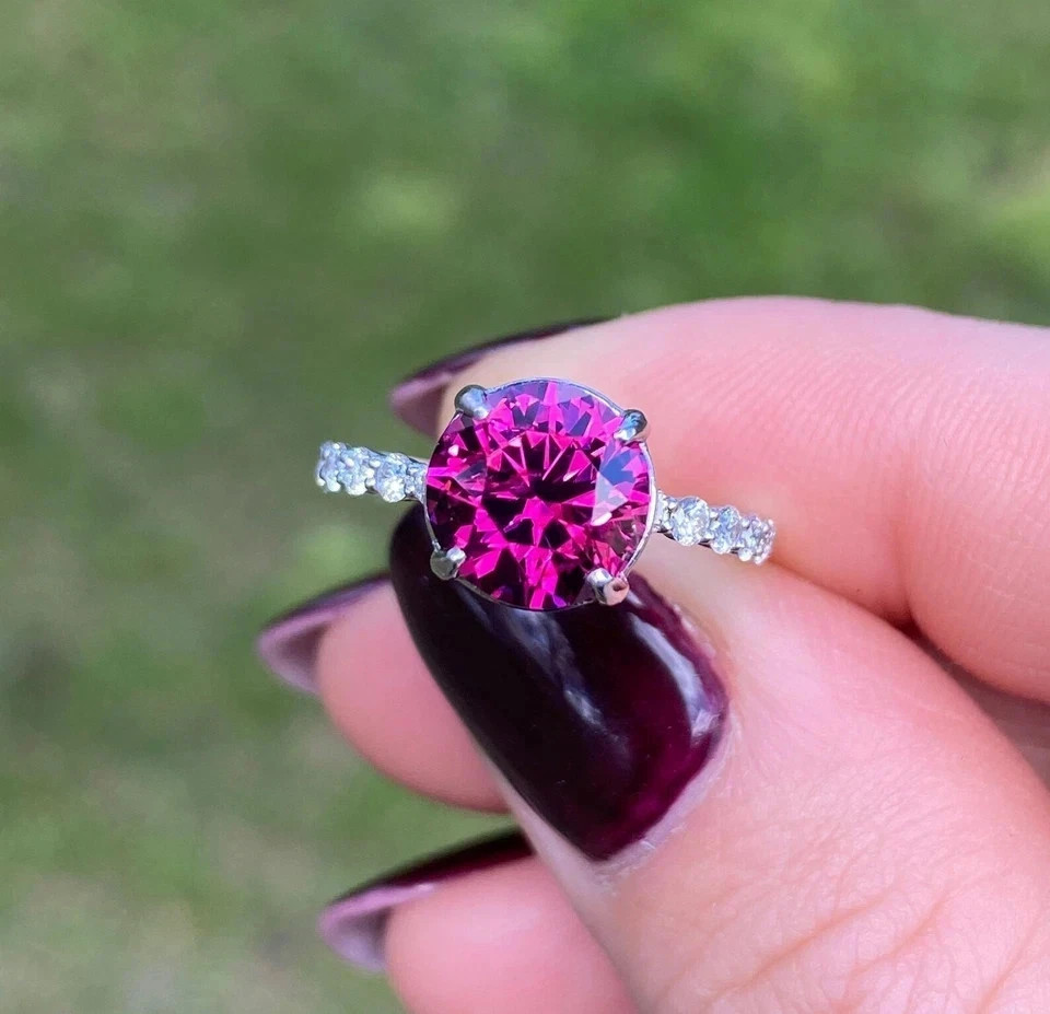 2.70Ct Round Natural Rhodolite Diamond Bridal Wedding Ring 14K White Gold Size