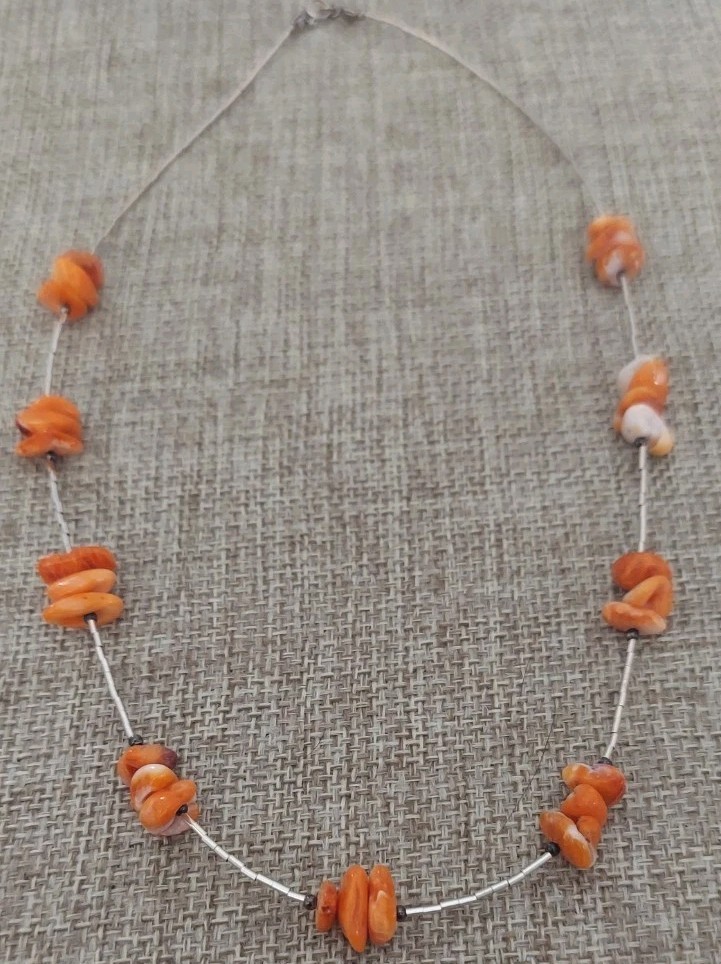 New Sterling Liquid Silver & Orange Spiny Oyster Necklace