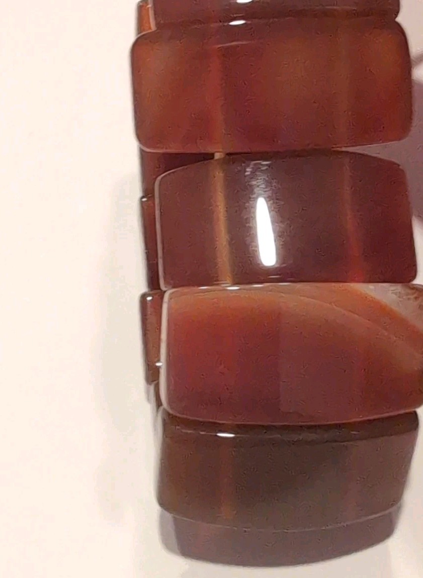Vintage Natural Red Carnelian Agate Stretch Panel Bracelet Orange Brown Stone