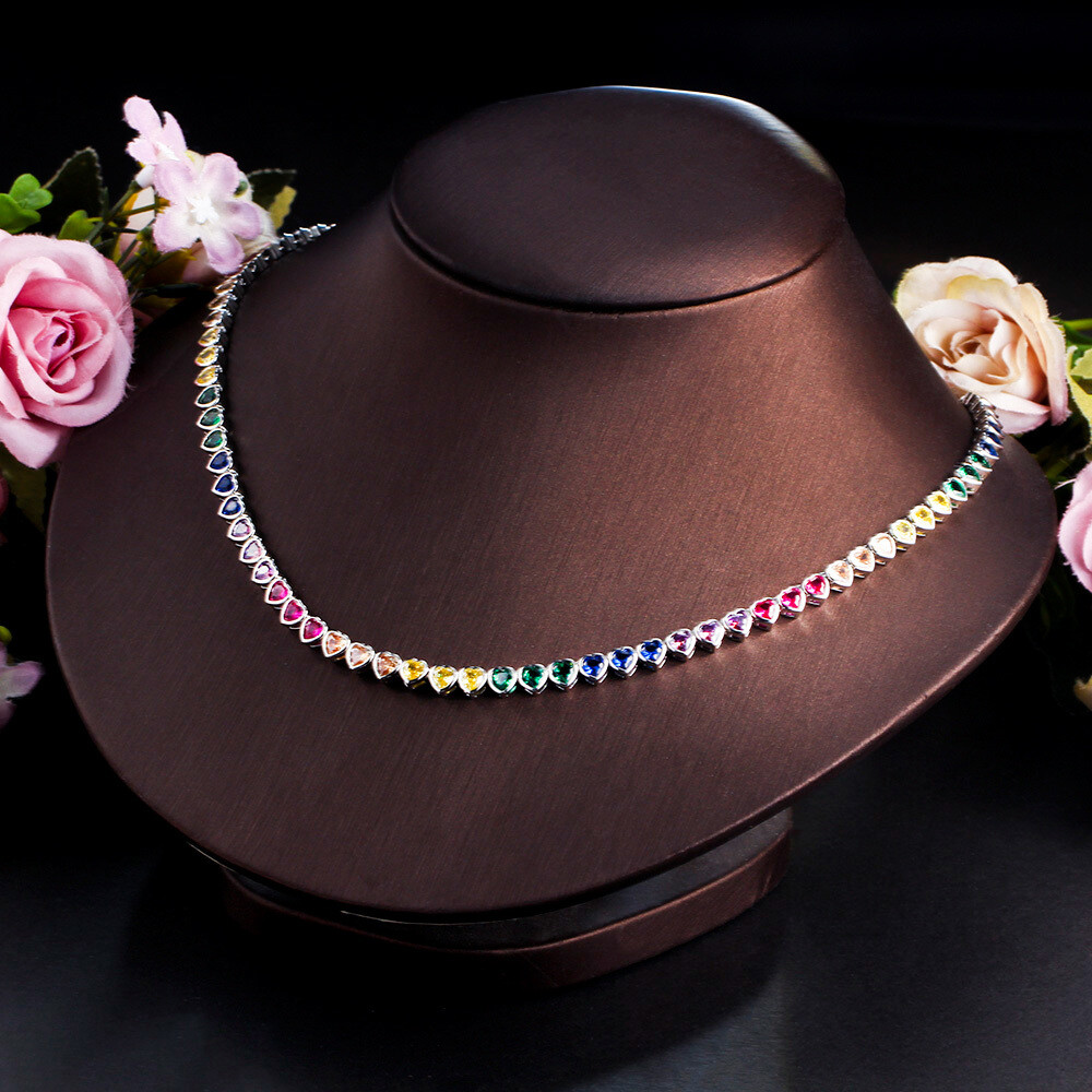 Gold Plated Rainbow Cubic Zircon Heart Tennis Necklace for Women Wedding Jewelry