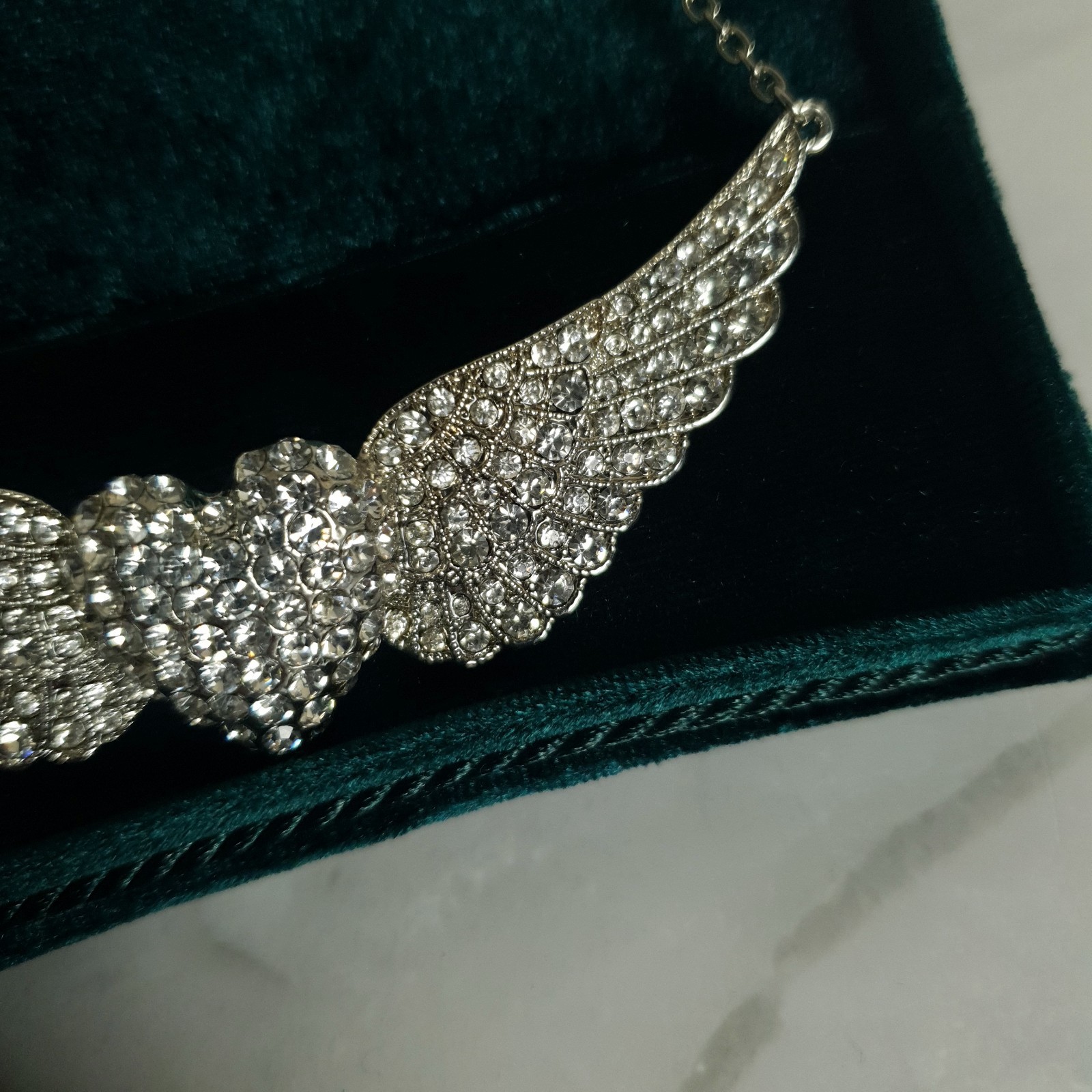 Mikey Crystal Angel Wings Heart Necklace Silver Tone Statement New Unworn Gift