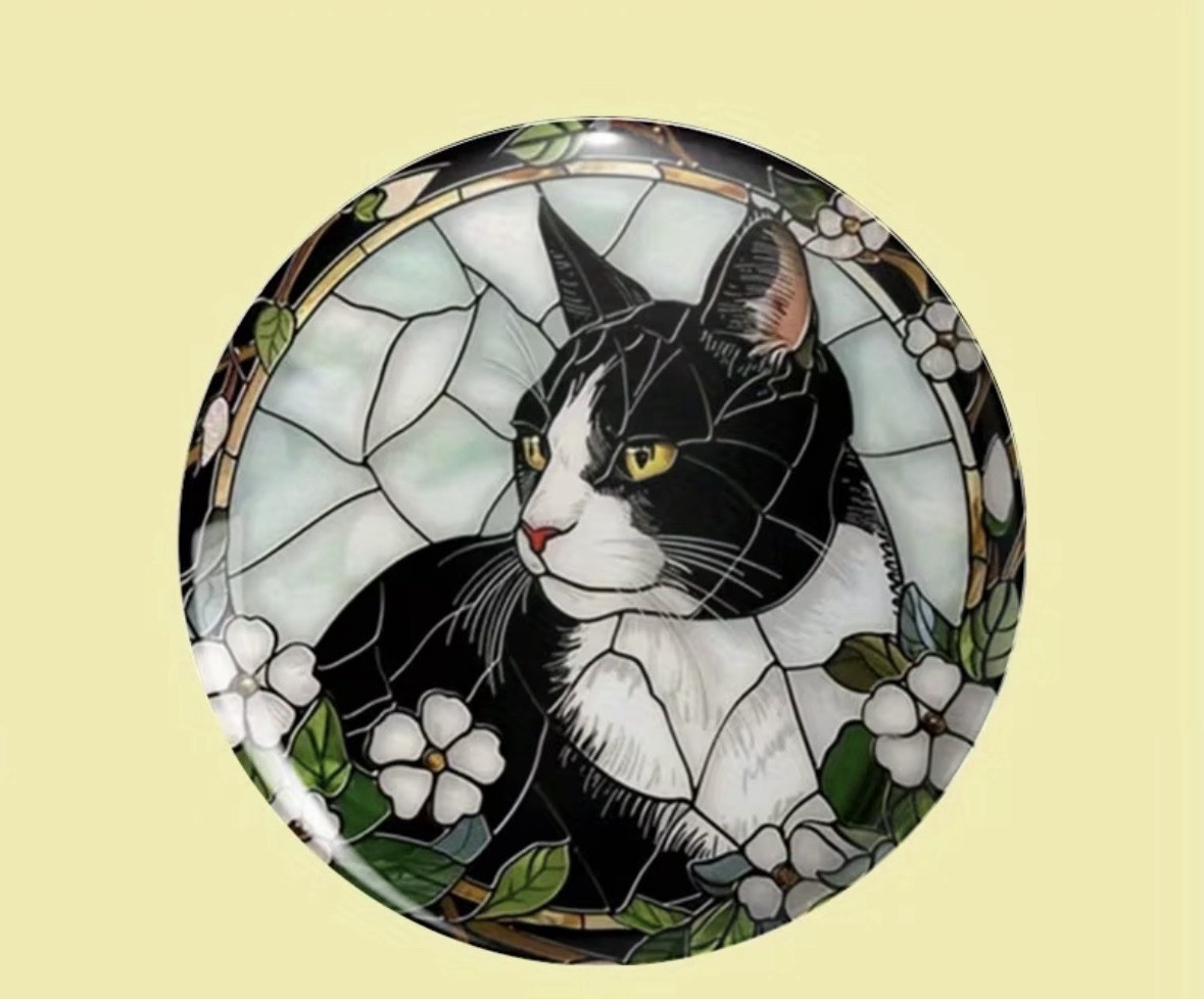 Black and White Cat On Staind Glassed PinBack Lapel Button Glass Brooch