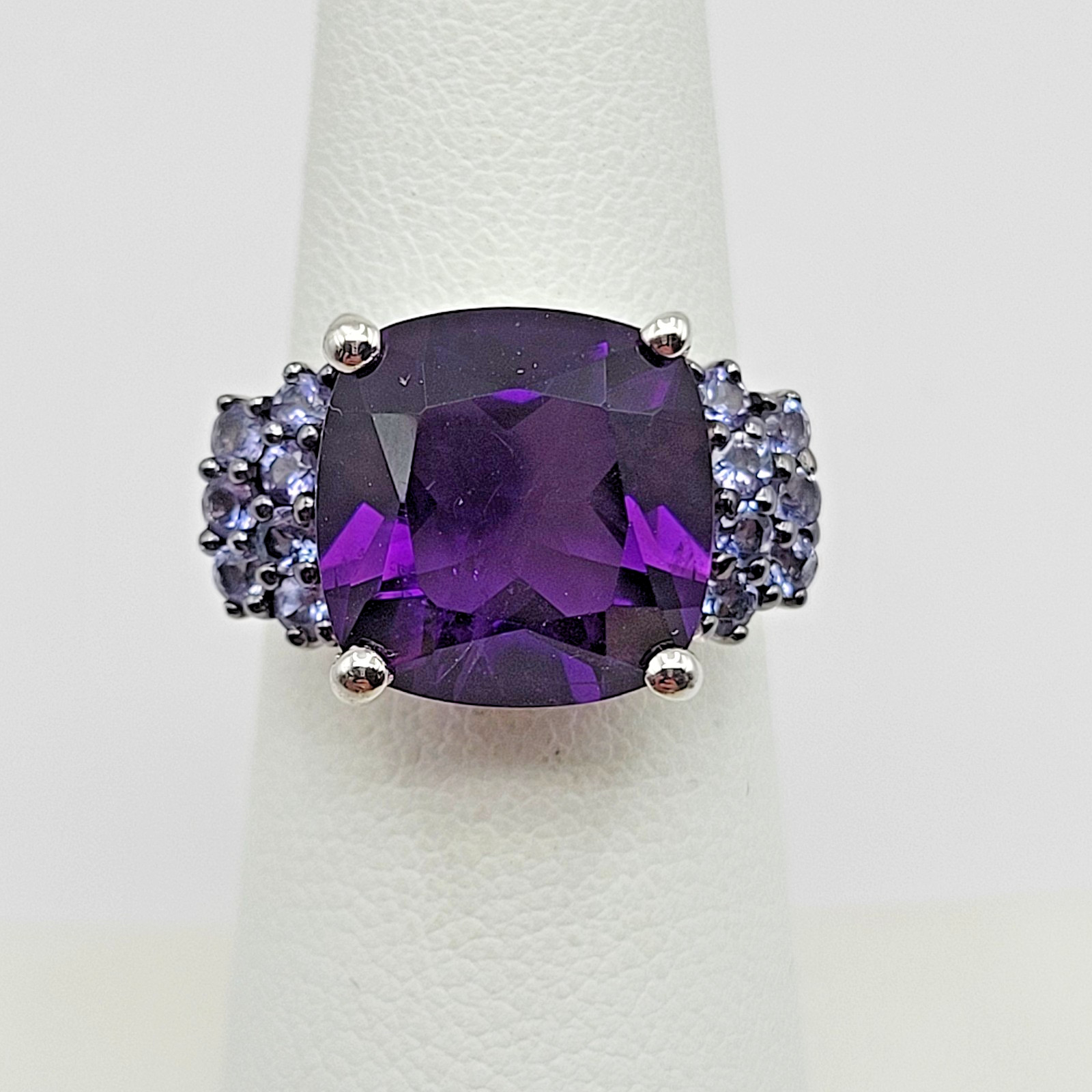 Sterling Silver 5.85 ct Cushion Amethyst .49 ctw Round Tanzanite Ring – Size 6