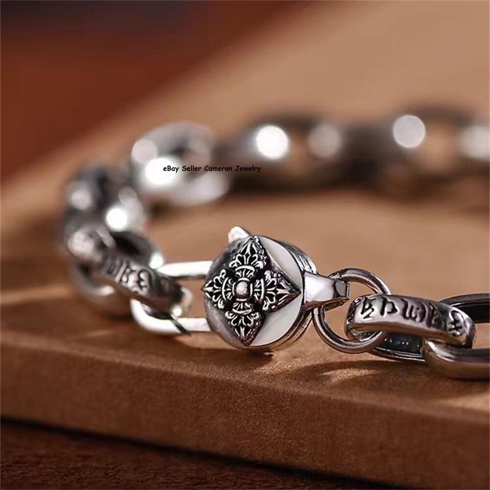 Pure S925 Sterling Silver Chain 8mm Six Words Sutra Square Rolo Link Bracelet