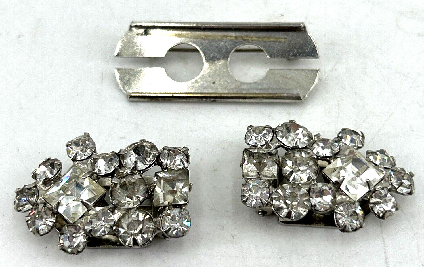 Vintage Rhinestone Brooch Shoe Clip Combination Clear 3 Pieces 2.5″ Glass Stones