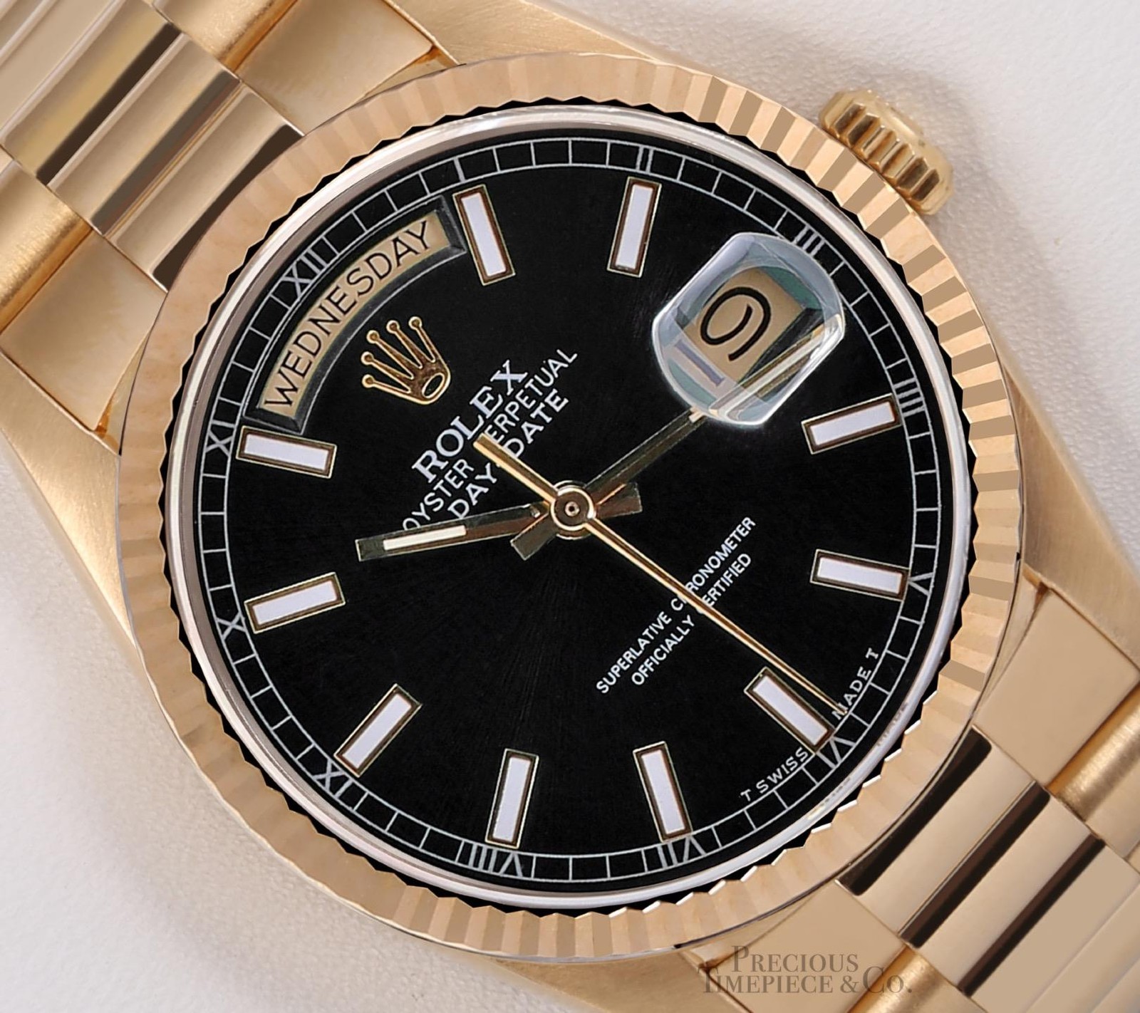 Rolex Day-Date 36mm President 18038 18K Gold President Fluted Black Stick Dial