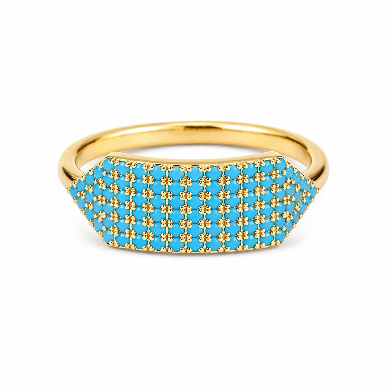 Turquoise Pave Statement Ring Size 7 Gold Tone Wide Band Blue Stone Womens