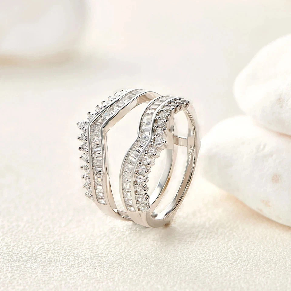 Round & Baguette Lab Created Diamond Wedding Enhancer Ring 14K White Gold Plated