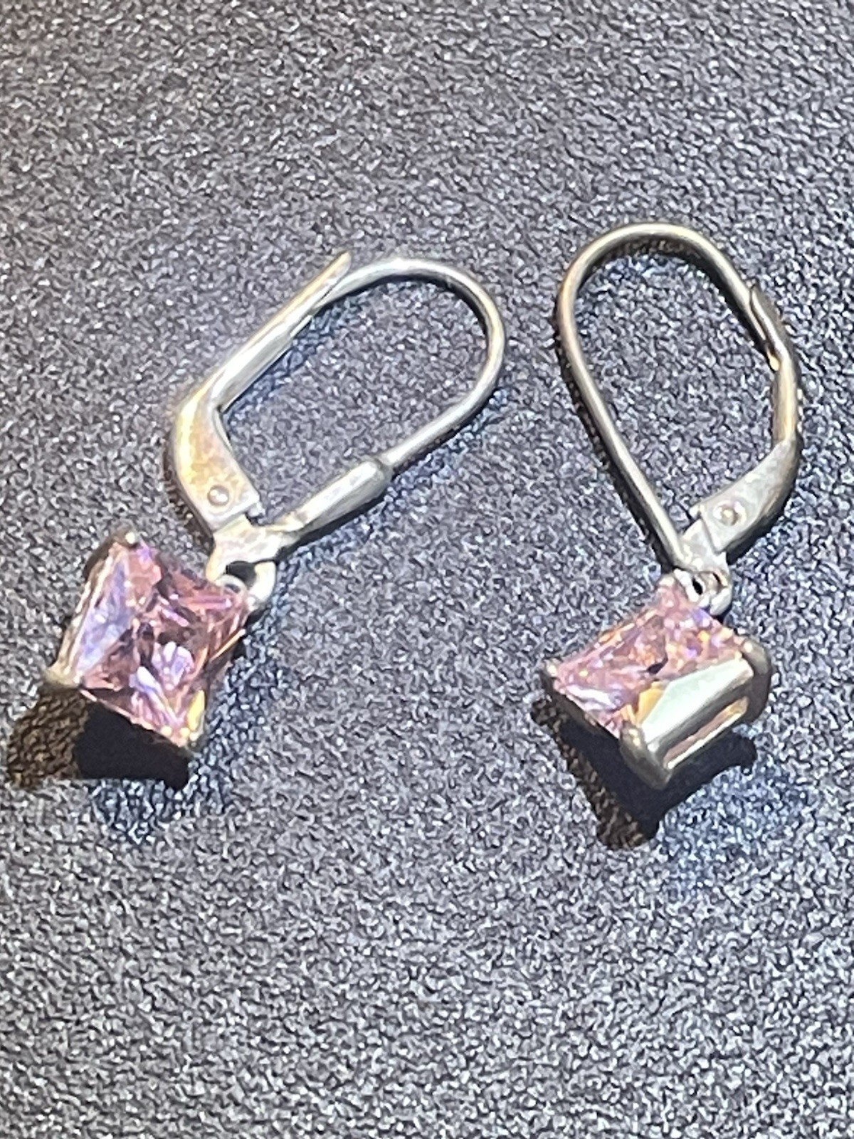 925 Sterling Silver Pink Princess Crystal Dangle/Drop Earrings Leverback Signed