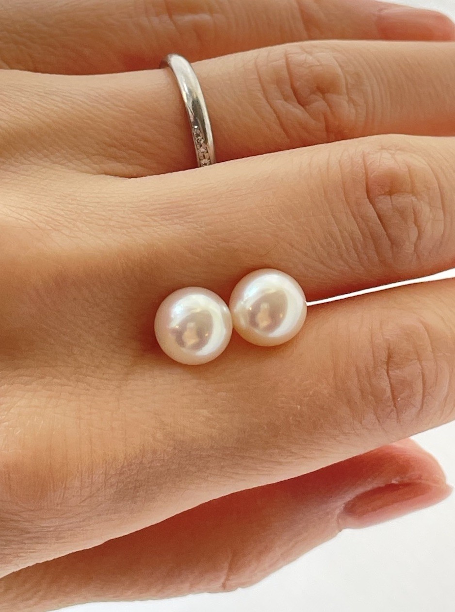 Japanese Akoya Pearl Stud Earrings 9mm Untreated Natural Color K14 Solid Gold