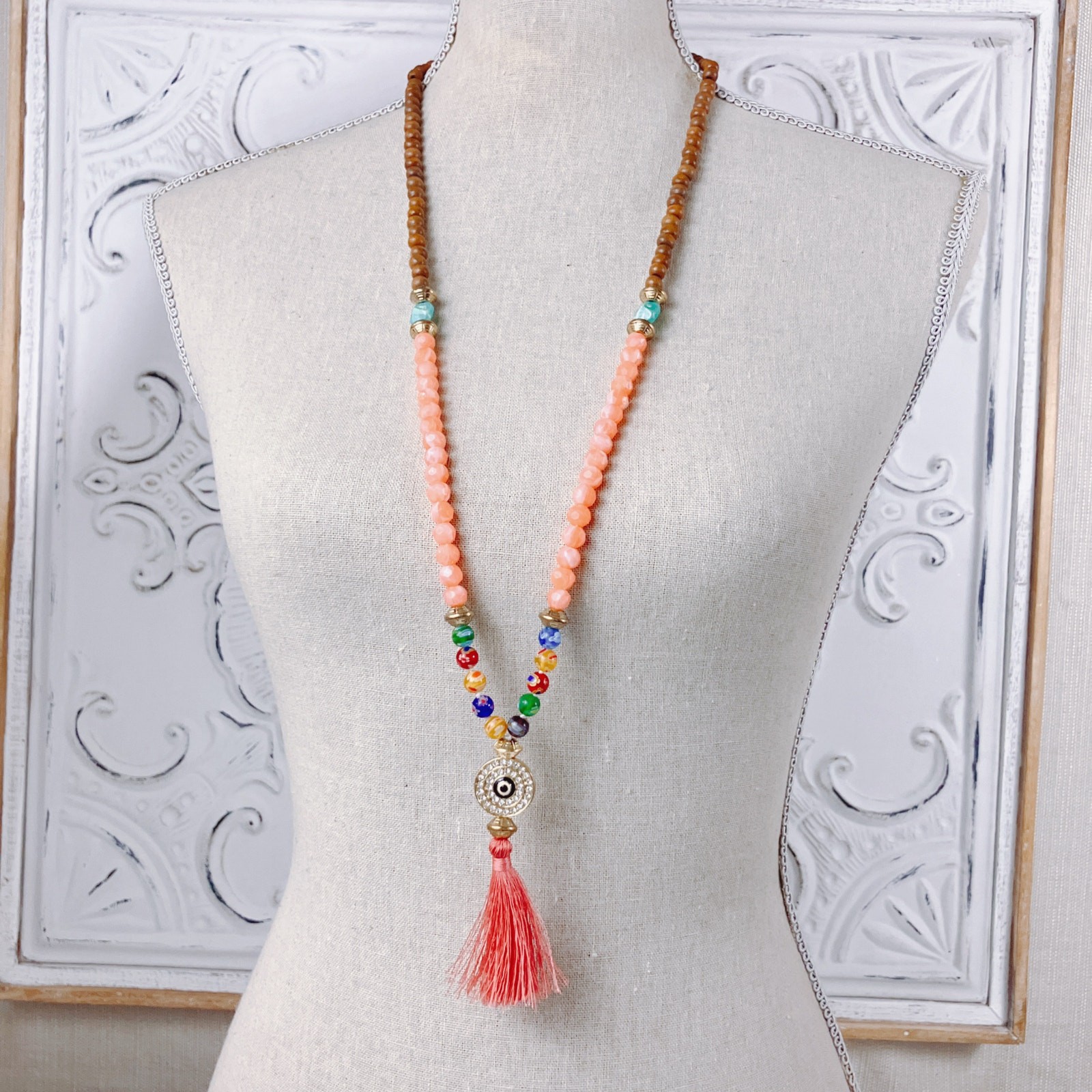 Boho Long Necklace Evil Eye Tassel Wood Coral Color Acrylic Bead Colorful 32–36″