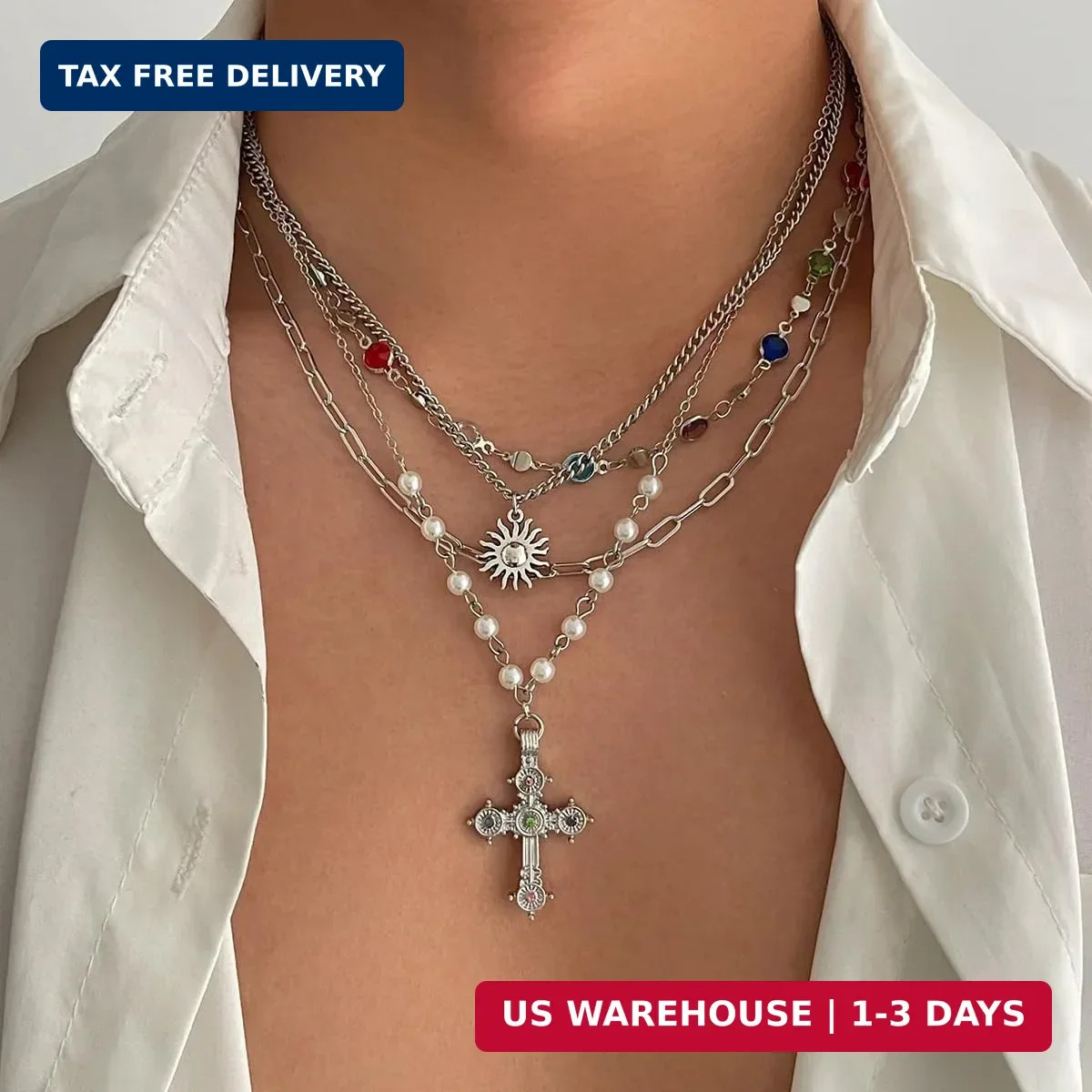 MODRSA Gold Stacked Layered Necklaces for Women Pearl Pendant Charm Cross Lariat