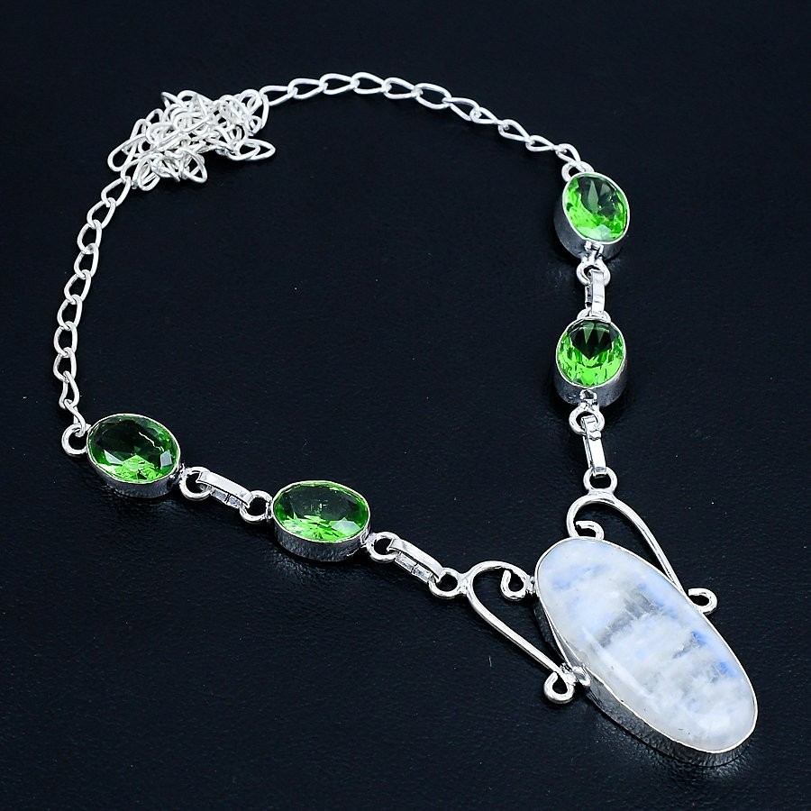 Rainbow Moonstone, Tsavorite Gemstone 925 Sterling Silver Necklace 17-18″ g411