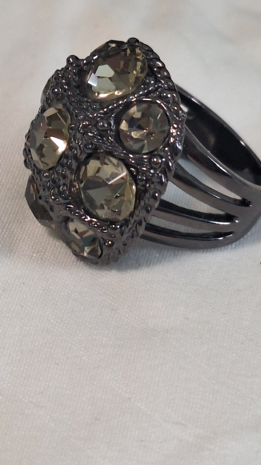 Gunmetal Tone Dome Cluster Cocktail Ring Size 6 Faceted Gray Crystal