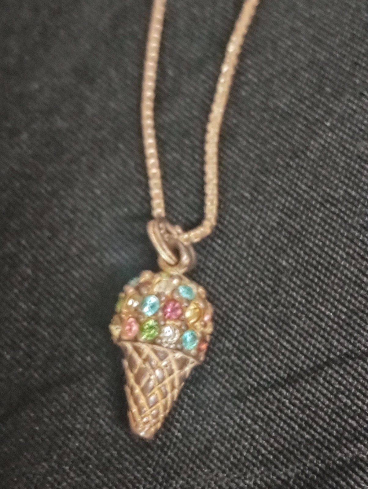 Gold Tone Multicolor Rhinestone Ice Cream Cone Charm Pendant Cable Necklace