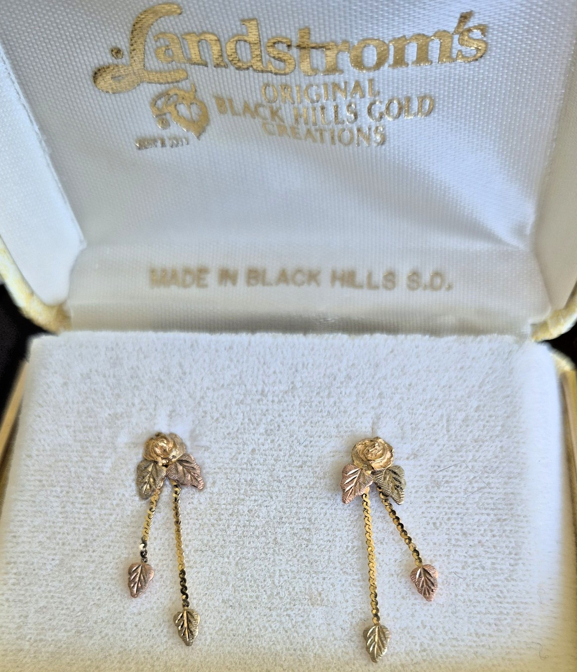 Black Hills Gold Post Earrings 10K Landstrom’s Roses, Colored Leaves in Orig Box