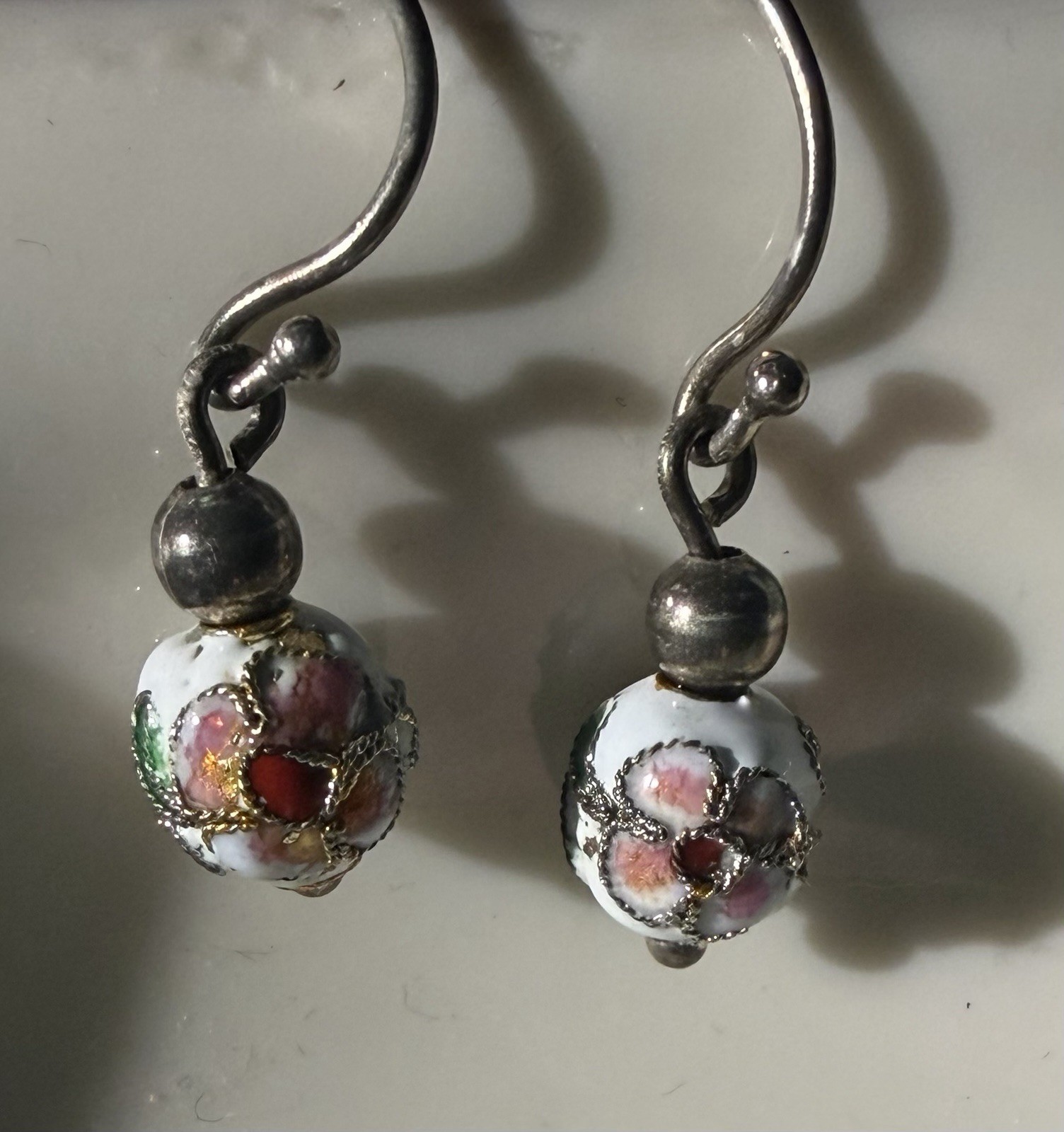 Dainty Vintage Cloisonné Bead Earrings Dangle, Pierced Ears, Classic Jewelry